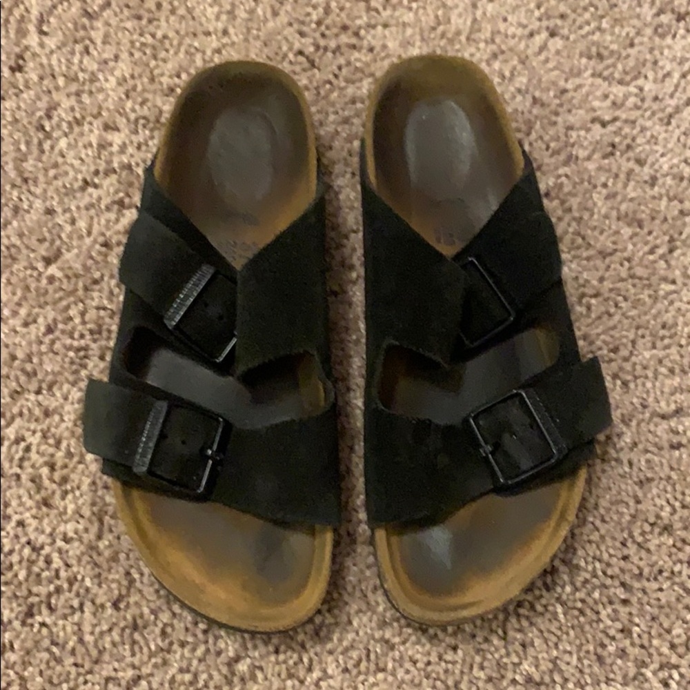 Black suede Birkenstock’s